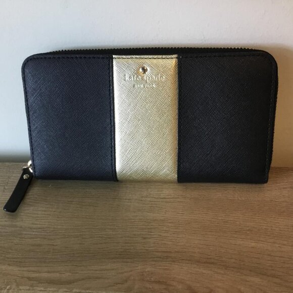 Kate Spade New York Cedar Street Racing Stripe Lacey Wallet in Black and Gold - Picture 1 of 8
